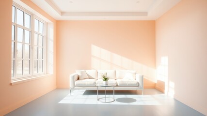 Fototapeta premium A Modern Living Room with a White Sofa and a Pastel Orange Wall with Natural Light Streaming Through a Large Window