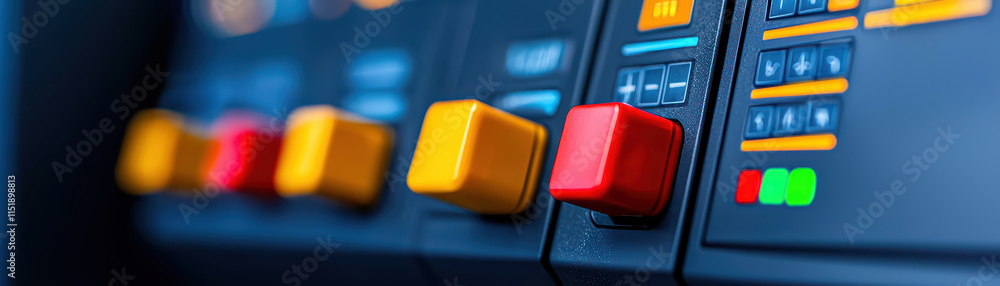 Poster close up of advanced control panel with colorful buttons and indicators