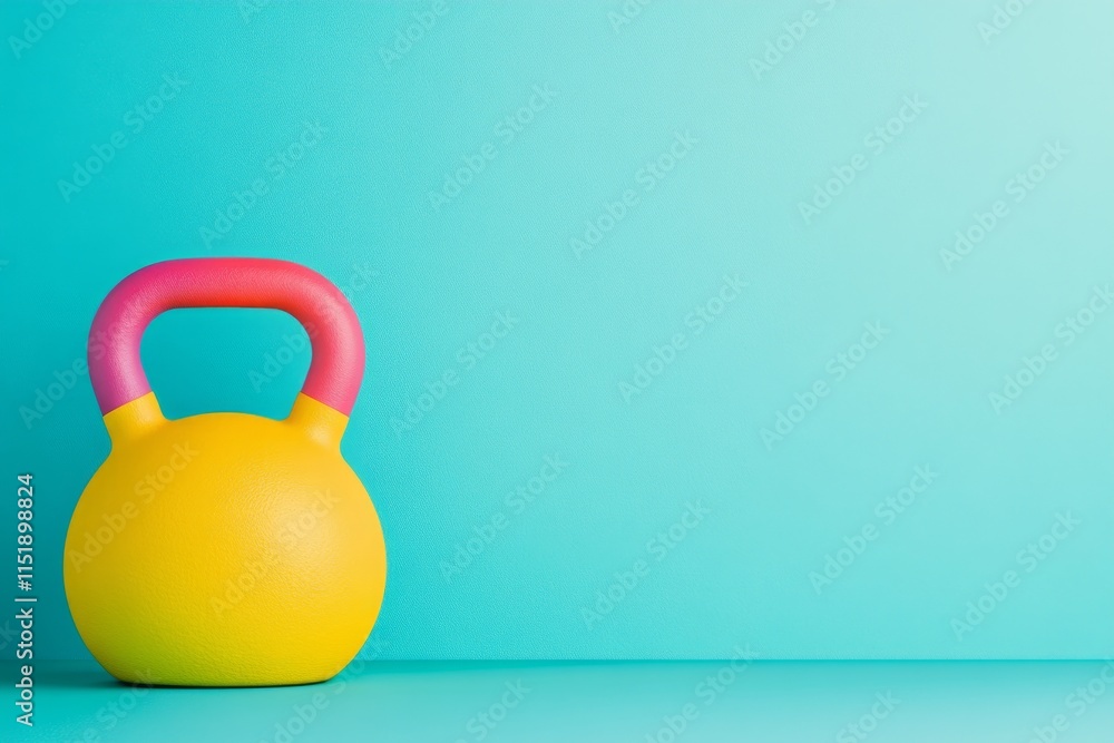 Poster a flat design of a kettlebell in vibrant colors, placed against a plain, gradient backdrop for a mod