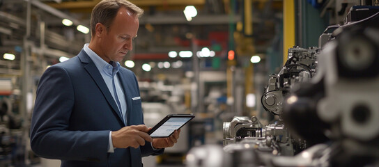Man in blue suit holding an iPad and looking at it while standing next to robotic arms working on car parts
