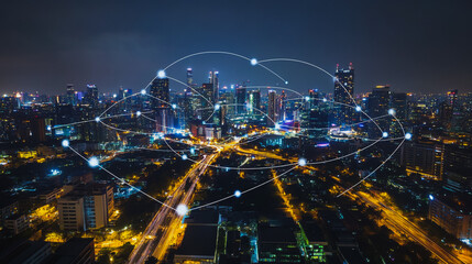 Obraz premium Abstract businesswoman stands on the peak of success Smart digital city with connection cyber security network reciprocity over the cityscape future wireless digital city and social media networking