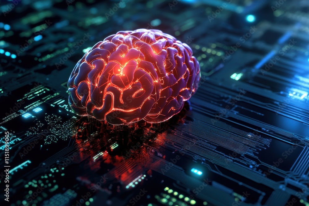 Poster brain illuminated on a circuit board symbolizing artificial intelligence development and innovation