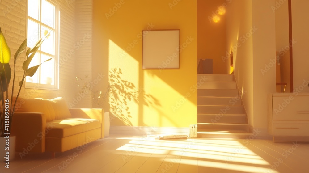 Aufkleber sunlight streams through large windows, illuminating a cozy living area with a yellow wall and clean
