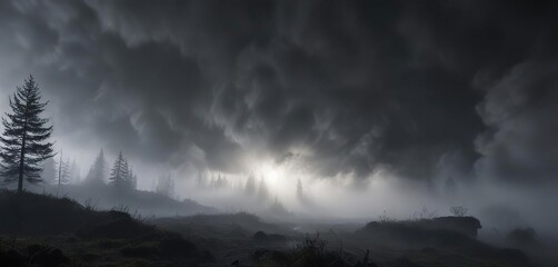 Fototapeta premium A low-hanging fog created a sense of foreboding on the dark background, shadowy scene, foggy night