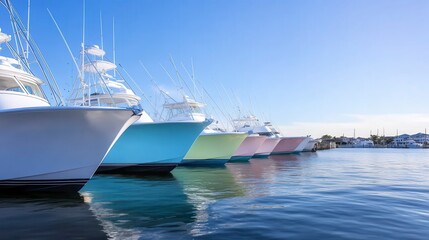 A serene view of colorful boats lined up at a dock under a clear blue sky, reflecting beautifully in calm waters.