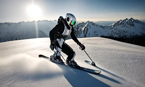 Robot skiing on the mountain.