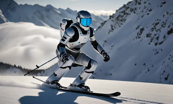 Robot skiing on the mountain.
