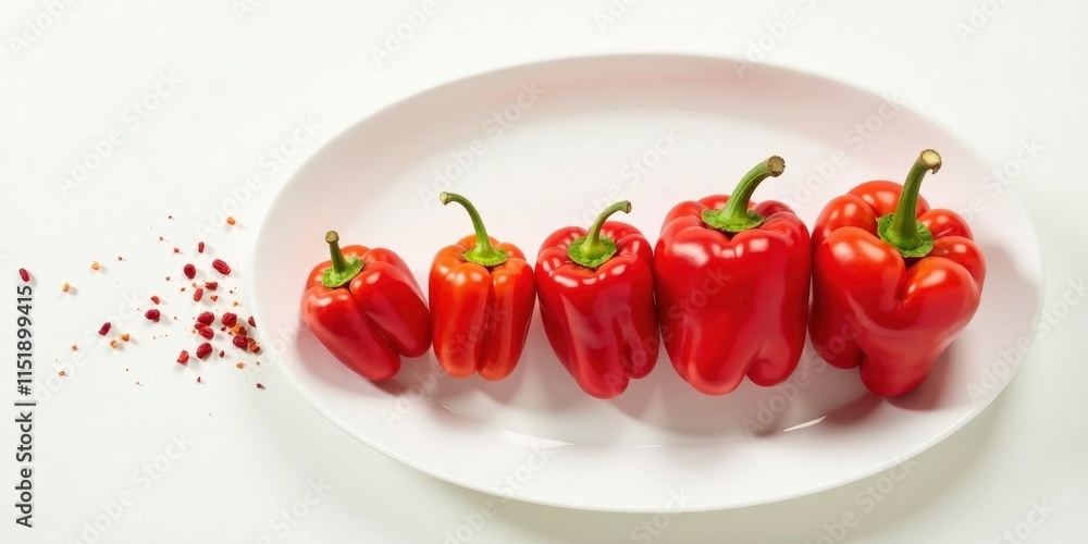 Sticker A row of vibrant red bell peppers of varying sizes arranged on an oval platter, with a scattering of dried red pepper flakes nearby.