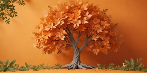 Delicate paper cutouts of leaves and flowers arranged around a beautiful tree on an orange background, colorful trim, whimsical tree