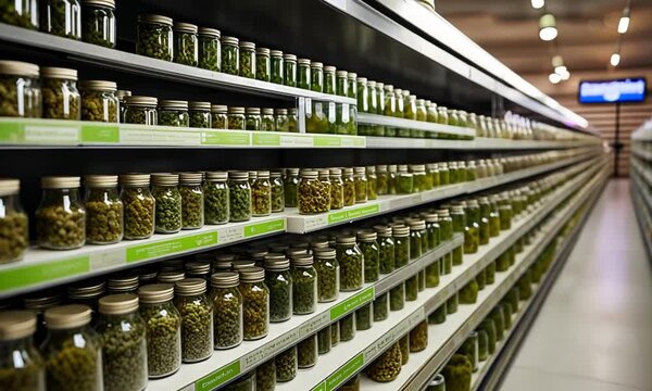 Jars of marijuana in a store.