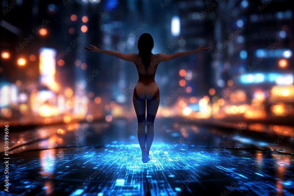 Poster a futuristic depiction of a gymnast performing on a holographic balance beam, with glowing elements 