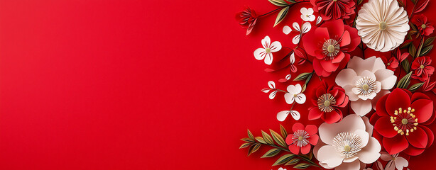 Vibrant red background adorned with beautiful paper flowers in white and shades of red, perfect for festive occasions and celebrations