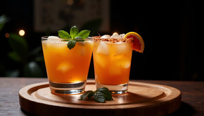 Signature cocktails with mint and fruit garnishes on wooden platter in dimly lit setting
