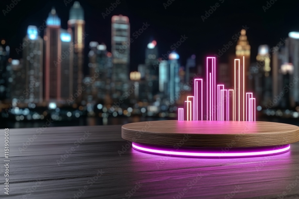 Poster a futuristic graph glowing in neon colors, displayed as a hologram in a high-tech meeting room