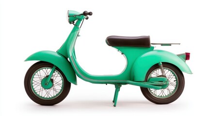 Obraz premium A vintage green scooter with a sleek design, featuring a comfortable seat and classic wheels, perfect for urban commuting and nostalgic rides.