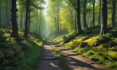 Fototapeta premium Secluded path in the woods with abstract gradient grainy texture and vibrant green yellow black surroundings , path, abstract, black