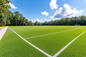 Obraz premium A soccer field with well-maintained grass, showing the texture of the turf and white lines marking the boundaries