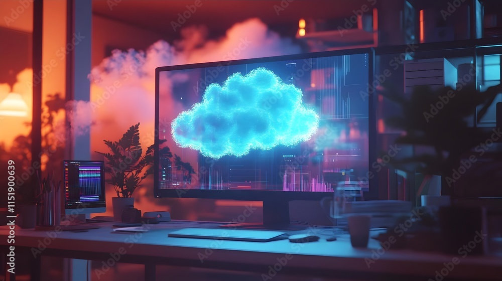 Poster a modern workspace featuring a glowing cloud graphic on a computer screen.