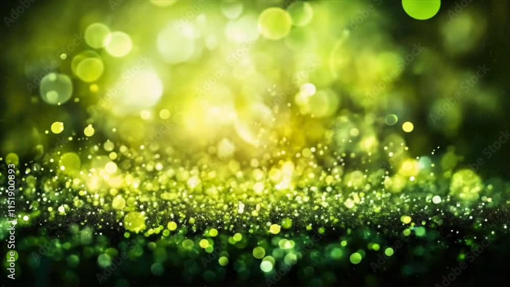 Poster bright green bokeh lights create dreamy, abstract background filled with sparkling particles and sof