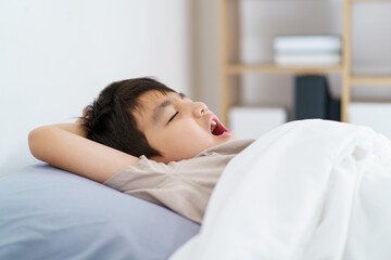 Asian boy wakes up in the early morning, feeling groggy and reluctant to leave the comfort of his...