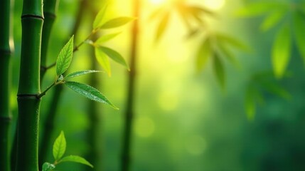 Serene Bamboo Grove at Dawn Lush Green Foliage and Dew-Kissed Leaves Basking in the Golden Sunlight