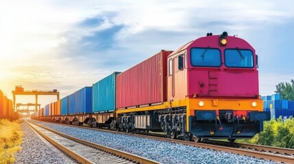 Obraz premium Freight Train Carries Colorful Cargo Containers Across Tracks