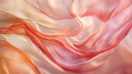 Fototapeta premium Delicate folds of blush pink, warm coral, and soft ivory fabric intertwine in organic patterns, creating a soothing and elegant visual flow that captures the essence of grace and warmth. Background 