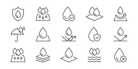 Waterproof line icons. Water resistant, drops, water protection, moisture vector icon