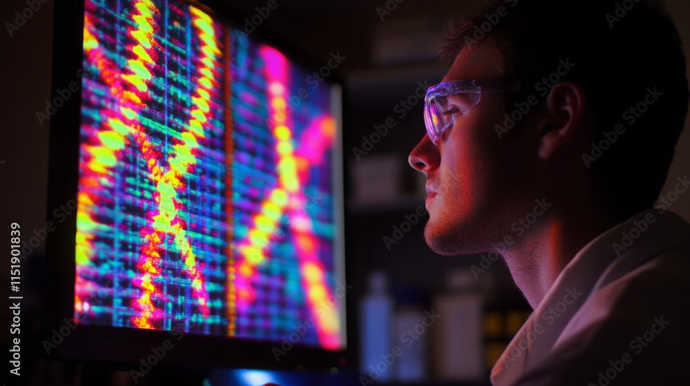 Fototapete A researcher examines vibrant data patterns on a large computer monitor in a lab. The environment is dimly lit, highlighting the colorful visuals. Safety goggles adorn the man's face.