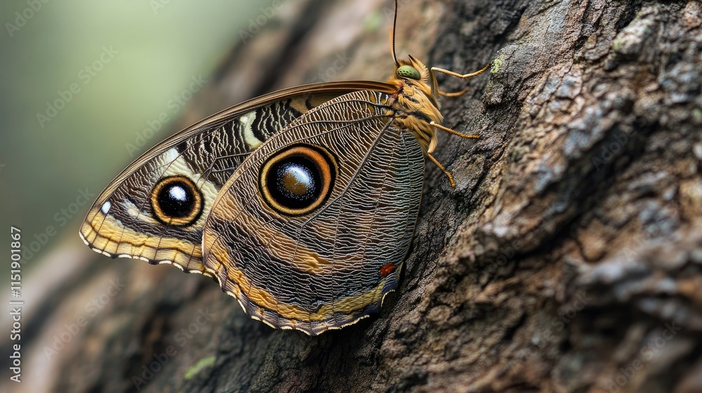 Poster a camouflaged butterfly resting on a tree bark, with space in the frame to add text or promotional m
