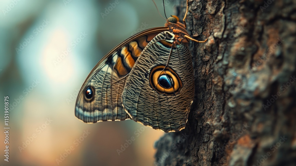 Poster a camouflaged butterfly resting on a tree bark, with space in the frame to add text or promotional m
