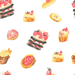 Pink desserts wax crayons seamless pattern on white insulated background. Textural and food repeating pattern. Design for textiles, wrapping paper and wallpaper.