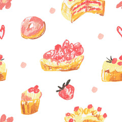 Fototapeta premium Pink desserts wax crayons seamless pattern on white insulated background. Textural and food repeating pattern. Design for textiles, wrapping paper and wallpaper.