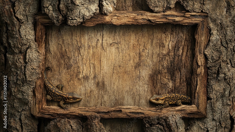 Poster a camouflaged lizard blending into tree bark, with a clear space to add text or messages in the fram