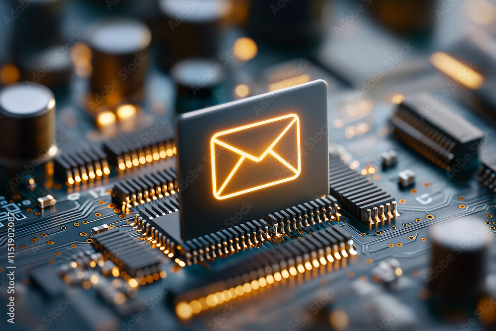 Poster digital email icon on circuit board, symbolizing communication technology. glowing envelope represen