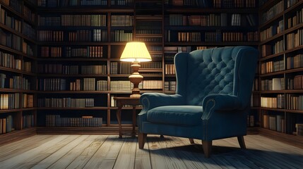 A cozy reading nook featuring a blue armchair and a lamp in a library setting.
