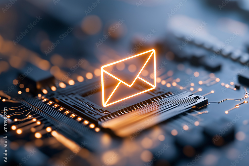 Poster digital email icon on circuit board, symbolizing communication technology. glowing envelope represen