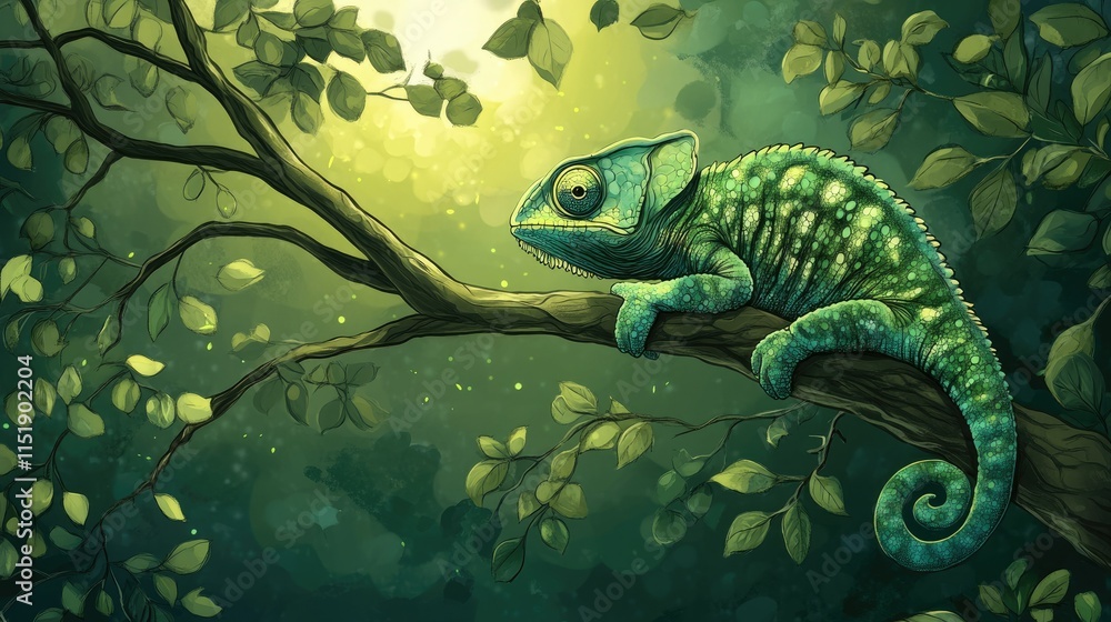 Aufkleber a chameleon blending into its environment on a tree branch, with an open background for adding text 