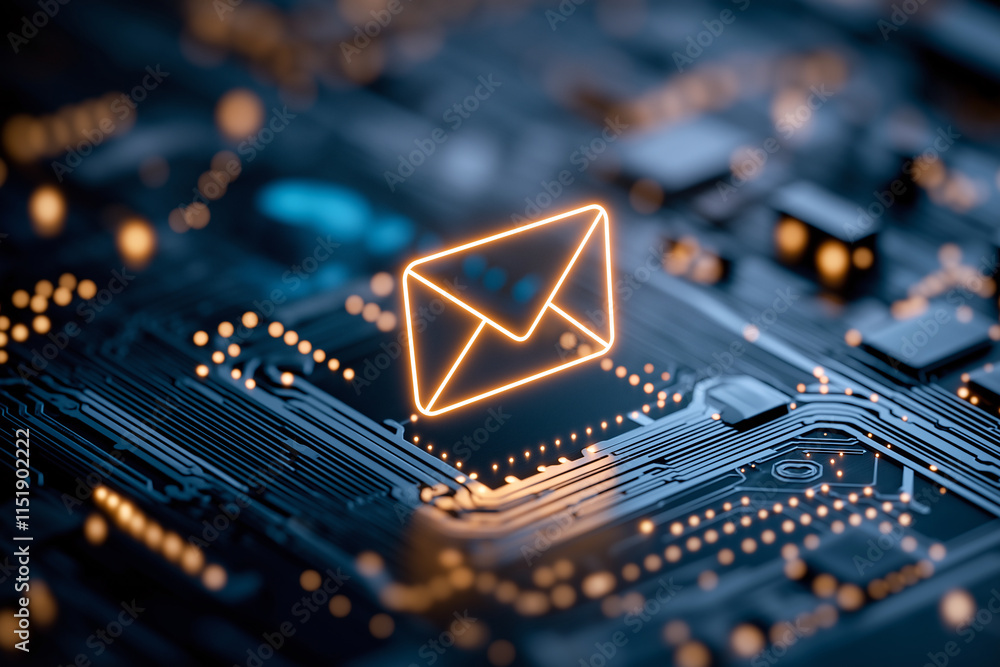 Poster digital email icon on circuit board, symbolizing communication technology. glowing envelope represen
