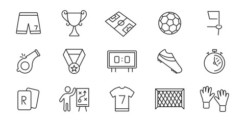 Football icons set. Soccer line icons. Ball, field, trophy, medal, whistle, cards. Vector minimalistic illustration
