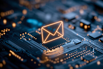 Digital email icon on circuit board, symbolizing communication technology. glowing envelope represents modern connectivity and digital interaction
