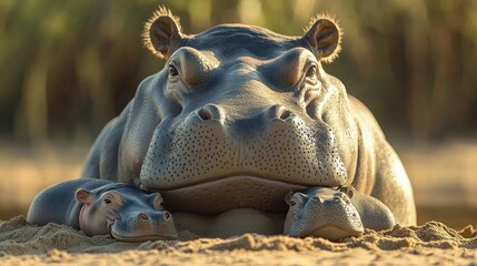 Fototapeta premium A close-up of a hippo family with two young calves cuddled up near their protective mother on a sandy riverbank in Namibia.