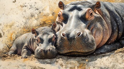 Fototapeta premium A close-up of a hippo family with two young calves cuddled up near their protective mother on a sandy riverbank in Namibia.