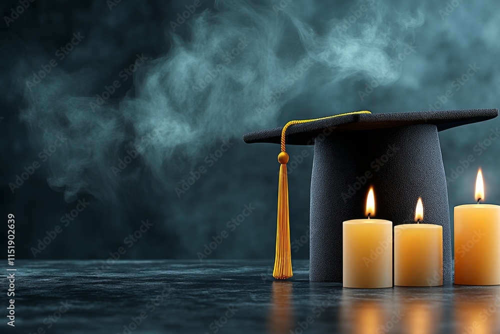 Poster a gothic depiction of a graduation cap with a black tassel, placed on a dark marble table surrounded