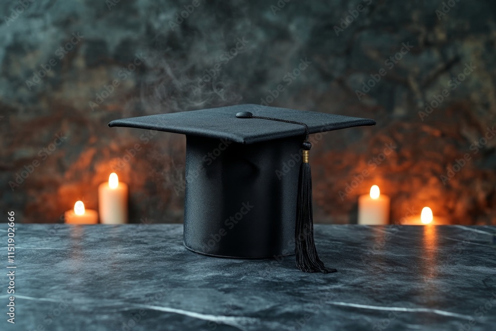 Poster a gothic depiction of a graduation cap with a black tassel, placed on a dark marble table surrounded