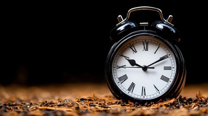 A classic black alarm clock sits against a dark background, partially surrounded by brown foliage, This image can be used to symbolize time management, deadlines