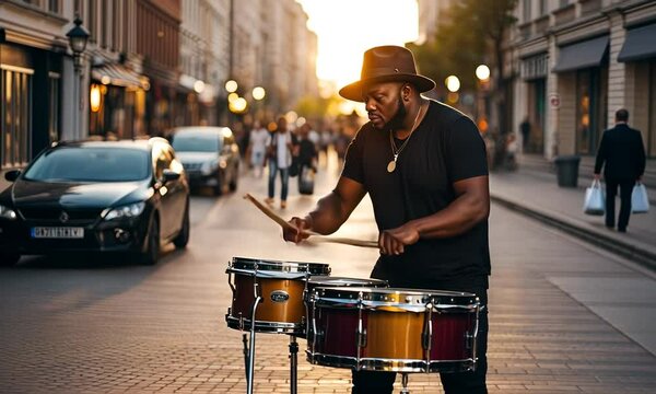 Street musician playing drums in the street.