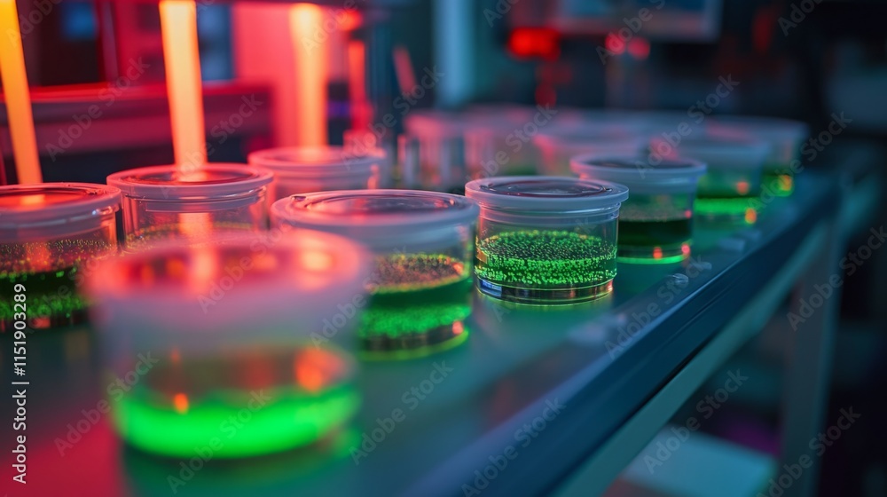 Aufkleber in a modern lab setting, various small containers hold vibrant green solutions, illuminated by color