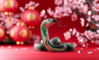 Fototapeta premium vibrant green snake with intricate scales is coiled against red background, surrounded by pink cherry blossoms and traditional lanterns, creating festive atmosphere
