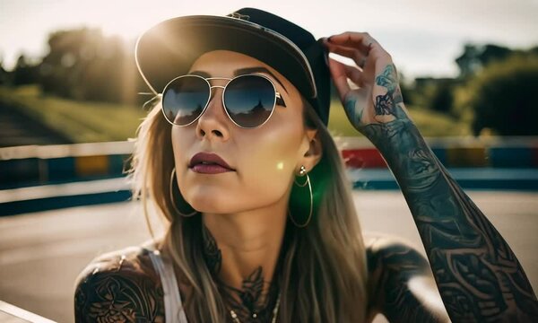 Tattooed woman at the skatepark.